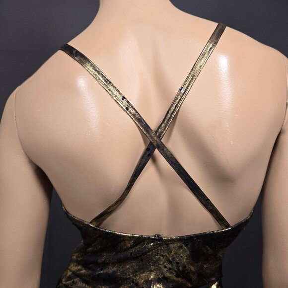 Y2K Art Deco Maxi Dress Womens Size M Gold Glitter Black Slinky Party Cocktail - Picture 8 of 13